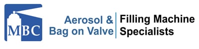 Logo of MBC Aerosol & Bag on Valve Filling Machine Specialists, featuring a blue icon of a spray can and the text "MBC" on the left. The text "Aerosol & Bag on Valve Filling Machine Specialists" is to the right in blue and black font.